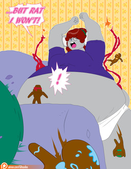 anthro belly big_belly big_breasts breaking_free breasts buckteeth clothing cookie cosplay dialogue exposed_belly eyelashes eyewear female food freckled_face freckles fur furniture gingerbread gingerbread_cookie gingerbread_man glasses grey_body grey_fur greybluestudios group hair huge_belly larger_female long_eyelashes male obese obese_anthro obese_female overweight overweight_anthro overweight_female panties pink_tongue purple_clothing purple_shirt purple_topwear red_hair restraints shirt size_difference sofa speech_bubble teeth text tongue topwear underwear wearing_glasses white_clothing white_panties white_underwear dablueguy graybluestudios lazei rambo john_rambo penny_provolone animate_inanimate mammal mouse murid murine rodent 2019 absurd_res comic english_text hi_res