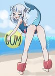 ball beach beach_ball blue_eyes breasts butt clothing female hair inflatable long_hair looking_at_viewer one-piece_swimsuit open_mouth pigtails seaside short_pigtails slim small_butt solo swimwear water white_hair myahogao hololive hololive_en vtuber gawr_gura animal_humanoid fish fish_humanoid humanoid marine marine_humanoid shark_humanoid absurd_res hi_res