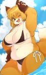 anthro belly big_breasts bikini biped blonde_hair blush breasts camel_toe cleavage clothed clothing cloud female fur hair kemono looking_at_viewer one_eye_closed open_mouth outside overweight overweight_anthro overweight_female sea skimpy sky smile solo standing swimwear thick_thighs two-piece_swimsuit water white_body white_fur wink yellow_body yellow_eyes yellow_fur akitaka canid canine fox mammal hi_res