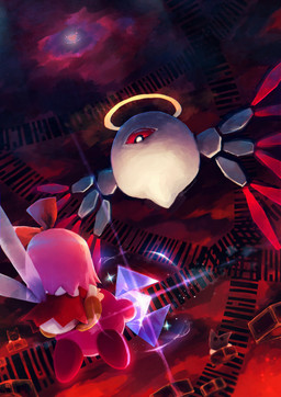 1_eye ambiguous_gender biped black_eyes carrying_another cloud cloudy_sky crystal detailed_background dutch_angle female fight flying group hair halo holding_another holding_object holding_weapon insect_wings not_furry pink_body pink_hair planet pupils red_body red_sclera size_difference sky tan_body tan_skin three-quarter_view trio_focus weapon white_pupils wings suyasuyabi427 kirby_(series) kirby_64:_the_crystal_shards nintendo 02_(kirby) kirby ribbon_(kirby) angel dark_matter_(kirby) eyeball_monster fairy humanoid n-z_(kirby) waddling_head 2022 absurd_res digital_drawing_(artwork) digital_media_(artwork) hi_res signature