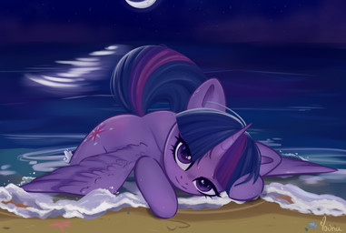beach blush female feral heart_symbol horn looking_at_viewer moon night seashell shell solo wings youna friendship_is_magic hasbro my_little_pony mythology twilight_sparkle_(mlp) equid equine mammal mythological_creature mythological_equine winged_unicorn