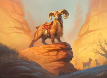 ambiguous_gender brown_body brown_fur detailed_background feral fur horizontal_pupils horn outside plant pupils quadruped rock saddle solo standing tail tree edgar_sanchez_hidalgo hasbro magic:_the_gathering wizards_of_the_coast bovid caprine goat mammal 2023 absurd_res hi_res official_art