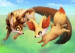 ambiguous_gender big_ears claws cloud duo feral fur grass hair happy jumping male nude orange_eyes outside paws plant pupils raised_leg short_hair sky slit_pupils smile toe_claws tongue yellow_eyes eldrige nintendo pokemon aozora_(aozoranj) canid canine fennekin fox generation_6_pokemon mammal pokemon_(species) 2014