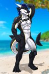 anthro balls beach big_balls big_penis black_body genitals harness humanoid_genitalia humanoid_penis male muscular penis seaside solo tail white_body cleini mythology achyx dragon fish hybrid marine mythological_creature mythological_scalie scalie shark 2:3 absurd_res hi_res