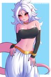 5_fingers alien alien_humanoid andoid_21 armwear blush bracelet clothed clothing digital_media_(artwork) dragon_ball dragon_ball_fighterz female fingers hair hi_res humanoid jewelry long_hair looking_at_viewer majin majin_android_21 navel not_furry simple_background solo text twistedscarlett60