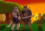 anthro armor arrow_(weapon) cape claws clothed clothing detailed_background digitigrade duo forest fur gesture hair hand_gesture horn jewelry male male/male mane mane_hair melee_weapon multicolored_body multicolored_fur neck_tuft partially_clothed paws pendant plant pointing ranged_weapon shoulder_guards sunset sword tassets training training_dummy tree tuft two_tone_body two_tone_fur weapon white_body white_fur wild_tapioca far_beyond_the_world_(series) fan_character ranok_(far_beyond_the_world) canid canine canis hybrid mammal wolf