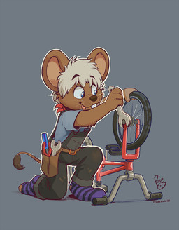 anthro bicycle black_clothing black_overalls blue_clothing blue_eyes blue_shirt blue_t-shirt blue_topwear brown_body brown_fur closed_smile clothed clothing footwear fur grey_background hair kneeling licking licking_lips licking_own_lips logo male messy_hair mouth_closed overalls pink_tongue shirt short_hair simple_background smile socks solo t-shirt tinkering tongue tongue_out tools topwear vehicle whiskers white_hair wrench young young_anthro young_male pandapaco mammal mouse murid murine rodent 2025 artist_logo dated signature