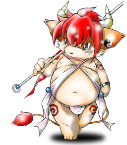 4_fingers 4_toes anthro asian_clothing barefoot belly big_head blue_eyes bracelet clothed clothing east_asian_clothing feet fingers front_view fundoshi fur hair holding_object holding_weapon horn japanese_clothing jewelry looking_aside male mouth_coming_off_face nipples orange_body orange_fur overweight overweight_male red_hair short_hair simple_background skimpy solo tail tail_tuft toes toony tuft underwear walking weapon white_background yin_yang young young_anthro young_male chibineco bovid bovine mammal source_request