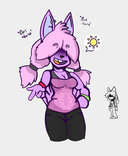 anthro biped black_nose bottomwear bracelet breasts cleavage clothed clothing ear_piercing female fur gesture hair hair_over_eyes hand_on_hip jewelry open_mouth pants piercing pigtails pink_hair purple_body purple_skin shirt silhouette simple_background size_difference small_breasts solo sound_effects standing sun tank_top tight_clothing topwear white_background wings sirphilliam skootch bat mammal low_res