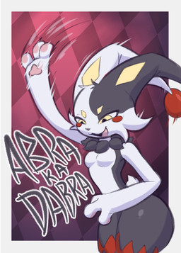 anthro breasts female fur jester markings multicolored_body simple_background solo tail text thick_thighs white_body wide_hips yellow_eyes smoothymilk palworld pocketpair dupin_(pal) lagomorph leporid mammal pal_(species) rabbit digital_media_(artwork) hi_res