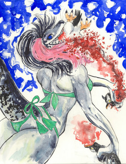 anthro bikini black_hair blood blue_eyes bodily_fluids breasts butt clothed clothing death feathers female gore group hair predator/prey smile solo solo_focus swimwear teeth trio two-piece_swimsuit kyokyota avian bird leopard_seal mammal marine penguin pinniped seal 2017 hi_res painting_(artwork) traditional_media_(artwork)