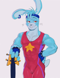 abs anthro bass_guitar biceps blue_body blue_fur blue_hair buckteeth bulge clothed clothing ear_piercing ear_ring eyebrows fingerless_gloves fully_clothed fur gloves guitar hair half-closed_eyes handwear male muscular muscular_anthro muscular_male musical_instrument narrowed_eyes pecs piercing plucked_string_instrument red_eyes ring_piercing smile solo string_instrument sweatband teeth kogito five_nights_at_freddy's scottgames glamrock_bonnie_(fnaf) lagomorph leporid mammal rabbit 2023 absurd_res digital_media_(artwork) hi_res