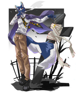 5_fingers anthro belt black_belt black_clothing black_footwear black_shoes bottomwear brown_bottomwear brown_clothing brown_pants buckle cemetery christian_cross christian_symbol cigarette cloth clothed clothing coat_cape collared_shirt cross cross_(marking) dipstick_ears dipstick_tail ear_markings ear_piercing eye_bags eyebrows fence fingers footwear gem gold_(metal) gradient grass holding_amulet humanoid_hands jacket jewelry looking_at_viewer male markings mottled multicolored_ears narrowed_eyes necktie open_clothing open_jacket open_topwear outside pants pattern_necktie pendant piercing plant purple_clothing purple_jacket purple_topwear religion religious_symbol ruby_(gem) shirt shoes simple_background smoke smoking smoking_cigarette solo spotted_necktie standing surgical_suture tail tail_markings topwear two_tone_tail white_background white_clothing white_shirt white_topwear wind asagi157 christianity luzenith_lawchi canid canine canis dire_wolf mammal prehistoric_species wolf 2025 absurd_res digital_drawing_(artwork) digital_media_(artwork) hi_res shaded
