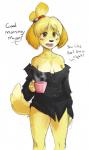 anthro black_nose blonde_hair blush breasts clothed clothing container cup female fur hair open_mouth simple_background solo standing text white_background yellow_body yellow_eyes yellow_fur amadeusvirus animal_crossing nintendo isabelle_(animal_crossing) canid canine canis domestic_dog mammal shih_tzu toy_dog 2014 english_text hi_res