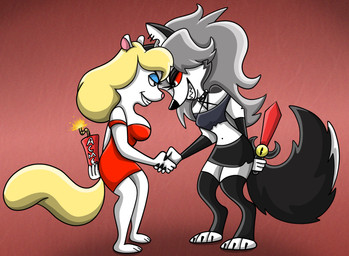 anthro big_breasts blonde_hair bottomwear breasts clothing collar dress duo dynamite explosives eyelashes eyeshadow female fur gesture grey_body grey_fur grey_hair hair handshake leggings legwear makeup melee_weapon navel red_sclera shorts sword teeth topwear weapon white_body white_eyes white_fur shinragod animaniacs hellaverse helluva_boss mythology warner_brothers loona_(helluva_boss) minerva_mink canid canid_demon canine demon hellhound mammal mink mustelid musteline mythological_canine mythological_creature true_musteline 2025 crossover digital_media_(artwork) hi_res