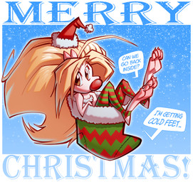 anthro barefoot blonde_hair brown_eyes christmas_clothing christmas_headwear clothing dialogue feet female foot_focus fur hair hat headgear headwear holidays legwear red_nose santa_hat soles solo stockings text toes white_body white_fur superfrenzyhare christmas gone_feral_(fizzlefroth) abigail_prim mammal mouse murid murine rodent english_text hi_res