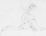 2_toes big_breasts breast_squish breasts eyelashes feet female fingers half-closed_eyes huge_breasts long_tail narrowed_eyes non-mammal_breasts sharp_teeth sitting squish tail teeth toes sbshouseofpancakes amphibia_(series) disney general_yunan amphibian newt salamander monochrome traditional_media_(artwork)