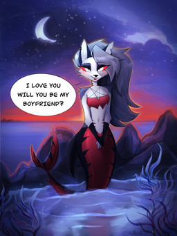 anthro black_body black_eyelids black_eyeshadow black_scales black_tail blush blush_lines breasts cleavage clothed clothing cloud crescent_moon crop_top dialogue ear_piercing eyeshadow female fingerless_gloves fur gills gloves grey_body grey_fur grey_hair hair hands_together handwear legless long_hair looking_at_viewer makeup moon multicolored_body multicolored_scales navel neck_gills night notched_ear open_mouth piercing pupils red_body red_gills red_scales red_sclera red_tail rock scales sea shark_tail shirt slit_pupils small_waist solo split_form star tail talking_to_viewer text topwear twilight two_tone_body two_tone_scales two_tone_tail waist_gills water white_body white_eyes white_fur wide_hips akrost hellaverse helluva_boss mythology loona_(helluva_boss) aquatic canid canid_demon canine demon hellhound mammal merfolk mythological_canine mythological_creature 2024 absurd_res english_text hi_res