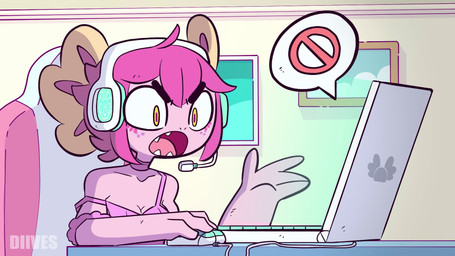anthro black_eyebrows blush blush_lines bra breasts brown_pupils cartoon_freckles cleavage clothed clothing collarbone computer computer_mouse electronics eyebrows female female_anthro fin first_person_view freckled_face freckles hair head_fin headphones laptop livestream low-angle_view midriff navel non-mammal_breasts orange_eyes pink_hair pupils sharp_teeth sitting small_waist spats teeth teeth_showing text text_on_clothing thick_eyebrows thick_thighs underwear underwear_only yelling diives celadon_(va) vtuber vitzy_(vitzypie) amphibian aquatic axolotl mole_salamander salamander 16:9 2026 2d_animation animated digital_media_(artwork) hi_res short_playtime sound video voice_acted watermark widescreen