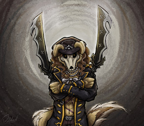 anthro bone bone_mask bottomwear bow_tie brown_hair clothing crossed_arms curly_hair female gothic_western hair hat headgear headwear holding_object holding_weapon jacket jewelry looking_at_viewer mask melee_weapon necklace pants scar skull skull_mask solo sword text topwear weapon yellow_body yellow_eyes deidad_dissitum roblox garra_dorada bird_dog canid canine canis domestic_dog golden_retriever hunting_dog mammal retriever robloxian 2025 english_text hi_res
