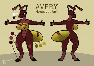 antennae_(anatomy) anthro arthropod_abdomen big_breasts breasts brown_body butt female front_row genitals mandibles nipples non-mammal_breasts nude rear_view solo spread_arms standing vulva yafath ant arthropod honeypot_ant hymenopteran insect 2022 model_sheet