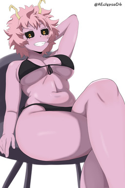 bikini black_bikini black_clothing black_sclera black_swimwear breasts chair clothing crossed_legs female front-tie_bikini furniture grinding hair hand_behind_head horn looking_at_viewer navel on_chair orange_eyes pink_body pink_hair pink_skin side-tie_bikini simple_background sitting sitting_on_chair small_bikini solo string_bikini swimwear text thick_thighs twitter_handle two-piece_swimsuit white_background eclypsea my_hero_academia ashido_mina horned_humanoid humanoid quirked_human_(my_hero_academia) 2023 2:3 absurd_res artist_name hi_res