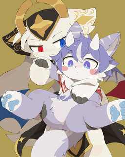4_arms 4_toes ambiguous_anthro ambiguous_gender anthro belly belly_markings biped black_body black_ears black_fur black_nose blue_body blue_ears blue_eyes blue_fur blue_hair blue_pawpads blush blush_stickers carrying_another cheek_tuft circle_eyebrows clothed clothing countershade_fur countershade_tail countershading duo ear_markings eyebrows facial_tuft featureless_crotch feet front_view fur gloves_(marking) hair hand_holding headgear headwear heterochromia hindpaw horn kemono larger_ambiguous larger_anthro leg_markings looking_at_another markings mismatched_ears mostly_nude multi_arm multi_limb multicolored_body multicolored_ears multicolored_fur multicolored_hair neck_tuft pawpads paws pupils red_eyes short_hair simple_background size_difference slit_pupils smaller_ambiguous smaller_anthro socks_(marking) spread_legs spreading standing tail toes tuft two_tone_body two_tone_ears two_tone_fur two_tone_hair white_body white_countershading white_ears white_fur white_hair white_horn white_inner_ear white_pupils yellow_background yellow_inner_ear yellow_markings abyss_creature_(artist) devil_connection makemon bbb_(devil_connection) demon mammal 2026 4:5 absurd_res colored digital_media_(artwork) hi_res