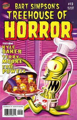 blood blue_bow bodily_fluids fangs female food looking_at_viewer male pasta scan spaghetti teeth tentacles text the_simpsons treehouse_of_horror bart_simpson homer_simpson kang kodos lisa_simpson maggie_simpson marge_simpson alien cyclops human mammal rigellian_(the_simpsons) tentacle_creature cover english_text hi_res official_art