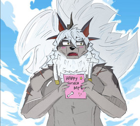 anthro blush blush_lines gift holidays male solo text zefurro dislyte father's_day lilith_games sui_zai_(dislyte) canid canine mammal nian_(species) english_text hi_res