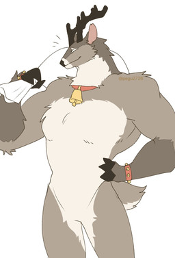 2_horns ambiguous_anthro ambiguous_gender anthro antlers bell bell_bracelet bell_collar biped brown_body brown_fur collar countershading empty_eyes front_view fur half-closed_eyes horn jingle_bell multicolored_body multicolored_fur muscular muscular_ambiguous muscular_anthro narrowed_eyes nude nude_ambiguous nude_anthro sack simple_background slight_smile solo text two_tone_body two_tone_fur white_background white_body white_countershading white_fur pegu2726 deer mammal new_world_deer reindeer 2025 artist_name digital_drawing_(artwork) digital_media_(artwork) flat_colors hi_res watermark