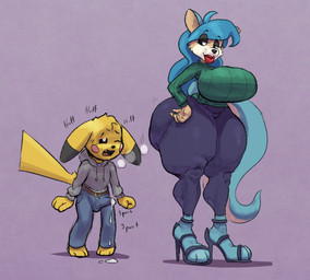 age_difference anthro big_breasts big_butt blue_hair bodily_fluids bottomwear breasts bulge butt clothed clothing cum denim denim_bottomwear denim_clothing duo ejaculation erection erection_under_clothing female footwear genital_fluids hair hand_on_hip hands-free high_heels huge_breasts huge_butt huge_thighs jacket jeans lips lipstick long_hair makeup male male/female motion_lines older_female pants shoes simple_background size_difference standing sweater thick_lips thick_thighs topwear wide_hips young young_anthro younger_male parumpi nintendo pokemon canid canine generation_1_pokemon mammal pikachu pokemon_(species) 2022 colored hi_res shaded