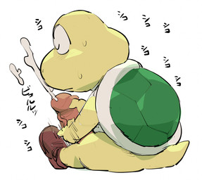 anthro bodily_fluids clothing cum ejaculation eyes_closed footwear genital_fluids genitals humanoid_genitalia humanoid_penis male masturbation penis shell shoes sitting solo text masshiro mario_bros nintendo koopa koopa_troopa reptile scalie tortoise turtle japanese_text