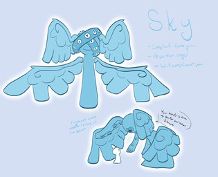 ambiguous_gender blue_body duo feathered_wings feathers glowing macro multi_eye size_difference solo speech_bubble text wings ovenbakedbeans sky_(ovenbakedbeans) angel colorbeast humanoid absurd_res hi_res model_sheet
