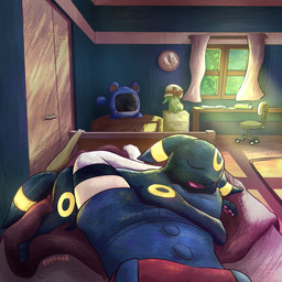 ambiguous_gender bed bedroom bioluminescence black_body black_fur chair clock clothed clothing duo electronics entrapment female feral first_person_view footwear fur furniture glowing inside knee_highs knee_socks legwear open_mouth overalls pawpads plushie size_difference sleeping sleeping_on_another socks television window yellow_body yellow_fur spyrook nintendo pokemon lyra_(pokemon) chikorita eeveelution generation_2_pokemon human mammal marill pokemon_(species) umbreon 1:1 hi_res signature