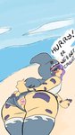 all_fours ambiguous_gender anthro anus anus_only beach blush butt clothing clothing_aside femboy hair legwear looking_back purple_hair seaside solo swimwear swimwear_aside text cremacat felid jaguar mammal pantherine digital_media_(artwork) english_text flat_colors hi_res