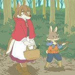 anthro basket bottle clothed clothing container duo female footwear gun kemono m1_carbine ranged_weapon shoes tail weapon ekaki510 fairy_tales little_red_riding_hood_(copyright) little_red_riding_hood the_woodsman_(little_red_riding_hood) canid canine canis lagomorph leporid mammal rabbit wolf 1:1