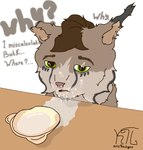 bowl brown_hair cheek_tuft container facial_tuft feral fur green_eyes hair male milk solo text tuft kristhelynx kris_(kristhelynx) felid feline lynx mammal 2024 english_text