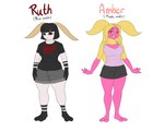 antennae_(anatomy) anthro big_breasts big_eyes breasts clothed clothing duo female fur fuzzy hair looking_at_viewer smile text thick_thighs blackbetty amber_(tango's_family) ruth_(tango's_family) arthropod insect lepidopteran moth puss_moth rosy_maple_moth 5:4 english_text