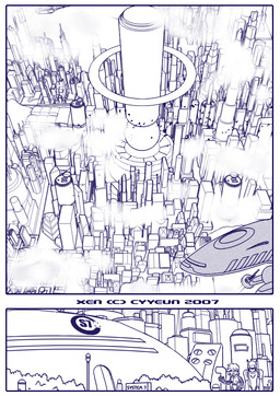 aircraft bird's-eye_view building city cityscape cloud duo high-angle_view machine outside plant shrub street_lamp text vehicle cyyeun xen_(series) human humanoid mammal robot 2007 artist_name blue_and_white dated monochrome
