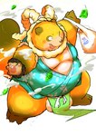 anthro asian_clothing balls belly big_belly brown_body brown_fur clothed clothing east_asian_clothing fundoshi fur genitals humanoid_hands japanese_clothing kemono leaf male moobs overweight overweight_male simple_background solo underwear sigenoya takotyutyu canid canine mammal raccoon_dog tanuki