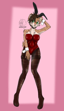 anthro brown_body brown_fur brown_hair bunny_costume clothing costume ear_piercing facial_piercing female fur green_eyes hair legwear nails nose_piercing nose_ring pantyhose piercing pink_nose ring_piercing solo allartskye toofer felid feline mammal hi_res