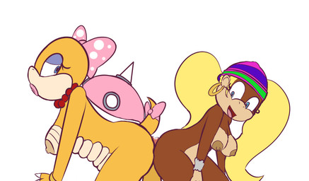 accessory anthro areola bent_over blonde_hair bow_(feature) bow_accessory bow_ribbon breasts centered_hair_bow claws collar dildo double_dildo duo ear_piercing ear_ring female female/female furgonomics hair hair_accessory hair_bow hair_ribbon half-closed_eyes hoop_ear_ring horn interspecies lips narrowed_eyes nipples non-mammal_breasts non-mammal_nipples nude pattern_accessory pattern_bow piercing ribbons ring_piercing sex sex_toy simple_background spikes spotted_accessory spotted_bow tail tail_accessory tail_bow tail_ribbon white_background thegalen donkey_kong_(series) mario_bros nintendo koopaling tiny_kong wendy_o._koopa dragon_koopa haplorhine kong koopa mammal monkey primate reptile scalie