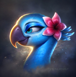 beak blue_body blue_eyes blue_feathers detailed_shading eyelashes feathers female feral flower flower_accessory foggy_background glistening glistening_beak glistening_body glistening_eyelids glistening_feathers grey_background long_eyelashes pink_flower plant simple_background solo emeraldparrot blue_sky_studios rio_(series) jewel_(rio) avian bird macaw neotropical_parrot parrot spix's_macaw true_parrot detailed digital_media_(artwork) hi_res signature