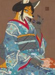 anthro asian_clothing clothing east_asian_clothing female food fruit grape japanese_clothing kemono kimono obi paper_fan plant solo yen_rin canid canine fox mammal hi_res