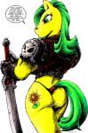 armor belt bone butt clothing cutie_mark femboy gauntlets gloves green_eyes green_hair hair handwear holding_melee_weapon holding_object holding_sword holding_weapon male melee_weapon skull solo sword text thong underwear warrior weapon drake_fenwick hasbro my_little_pony equid equine horse mammal english_text