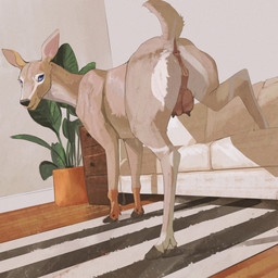 animal_genitalia animal_vulva anus black_nose blue_eyes butt cervine_genitalia cervine_vulva cloven_hooves countershading dewclaw_hooves female feral fur furniture genitals hooves horizontal_pupils inside looking_at_viewer looking_back looking_back_at_viewer plant plant_pot potted_plant presenting presenting_hindquarters pupils realistic_feral scut_tail short_tail sofa solo tail tan_body tan_fur teats vulva cosmiclife deer mammal 1:1 hi_res