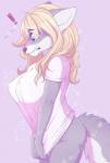 anthro big_breasts blonde_hair blue_eyes bottomless breasts clenched_teeth clothed clothing erect_nipples exclamation_point female fluffy fluffy_tail fur grey_body grey_fur hair multicolored_body multicolored_fur nipples shirt simple_background solo tail teeth topwear two_tone_body two_tone_fur white_body white_fur saetia canid canine canis domestic_dog mammal hi_res