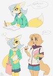 2022 anthro aruurara bag book bottomwear canid canine canis clothing domestic_dog duo female financier_(aruurara) fox gesture hair hair_over_eye hi_res hoodie japanese_text kemono liina_(aruurara) mammal one_eye_obstructed shirt shorts speech_bubble studying tank_top text thought_bubble topwear translation_check translation_request waving