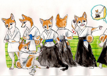 ambiguous_gender anthro asian_clothing clothed clothing east_asian_clothing footwear fur japanese_clothing simple_background sitting socks solo tail white_background white_body white_fur kyokyota canid canine canis domestic_dog mammal shiba_inu spitz 2015 painting_(artwork) traditional_media_(artwork) watercolor_(artwork)