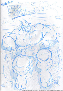4_toes anthro bathing biceps big_muscles big_pecs bird's-eye_view bottomwear claws clothing feet fur high-angle_view horn hot_spring huge_muscles huge_pecs loincloth male muscular muscular_anthro muscular_male muscular_thighs navel pecs smile solo text toe_claws toes toony water wet cooner felid mammal prehistoric_species saber-toothed_tiger english_text sketch